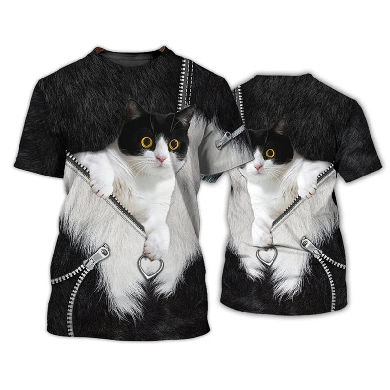 Black And White Animal T-shirt For Men's Clothing Funny Cat Tiger Print Short Sleeve T Shirts Leisure Fashion Cute Animal Tee - Image 3