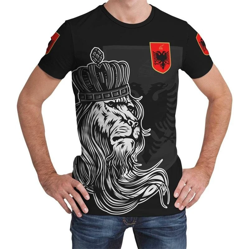 Albania Flag And Emblem Print T-shirt Men's Clothing Round Neck Short Sleeve Pullover Tee Top Street Casual Oversized Men Tshirt - Image 4