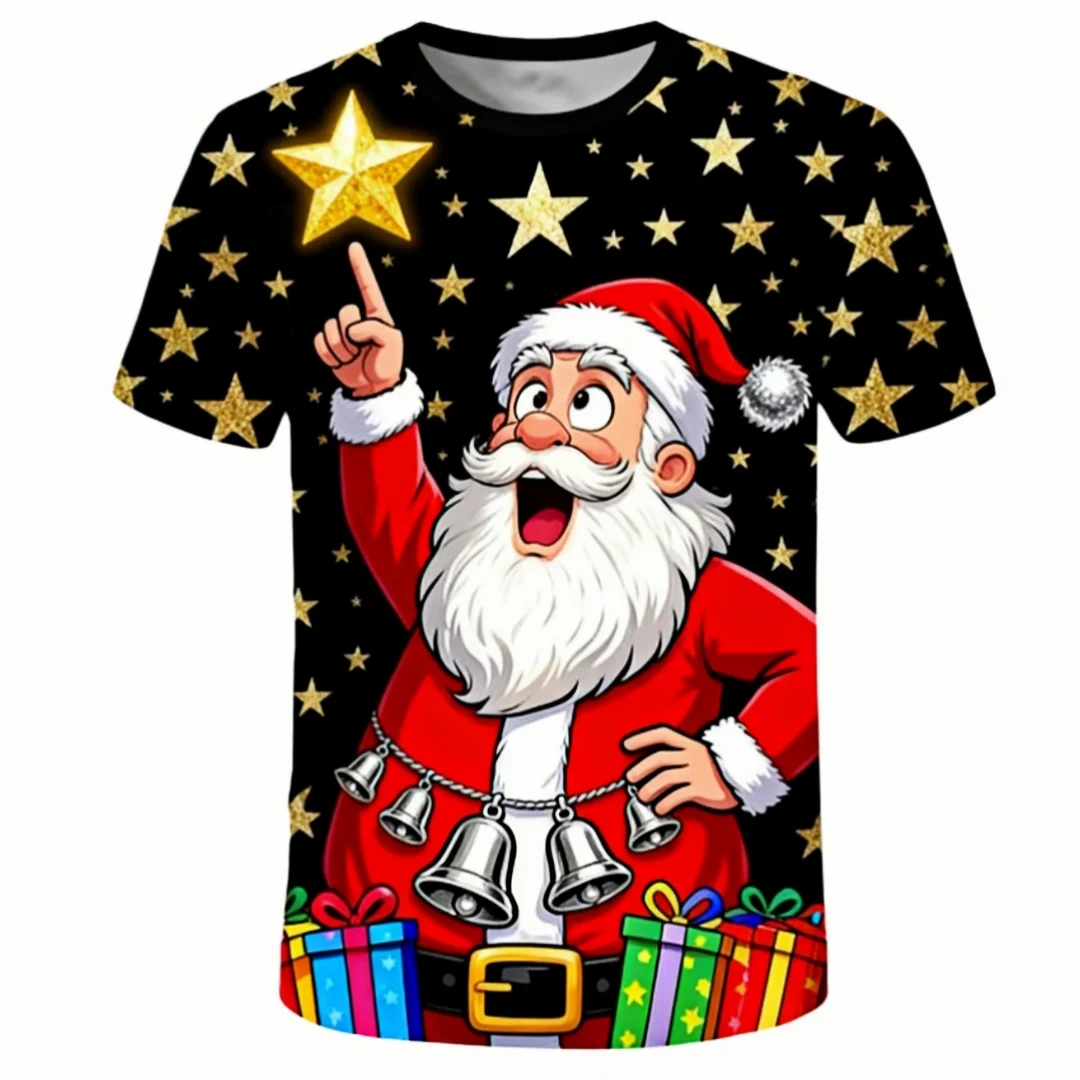 Trendy Santa Claus Men's T-shirt Christmas Gift For Boy 3D Star Printed Men's Tee Casual O-neck Short Sleeve Street Men Clothing