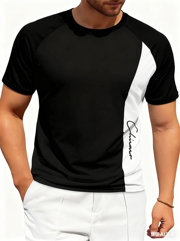 Simple Color-Block Printed Men's T-shirt Leisure Fashion O-Neck Raglan Sleeve T-shirt Daily Loose Comfortable Men Clothing Tops