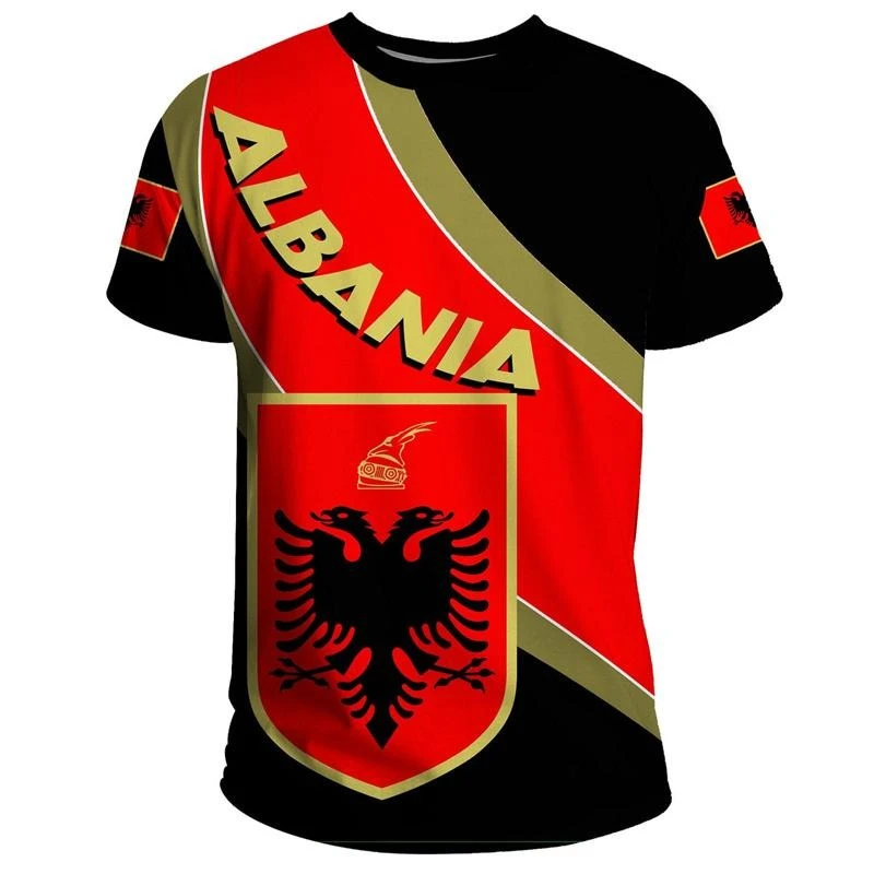 Albania Flag And Emblem Print T-shirt Men's Clothing Round Neck Short Sleeve Pullover Tee Top Street Casual Oversized Men Tshirt - Image 3