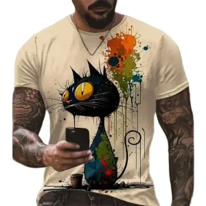 Men's T-shirt Anime Cat Graffiti Pattern Short Sleeve Tee Shirts Animal 3d Printed Tops Oversized Tees Summer Men's Clothing 4XL