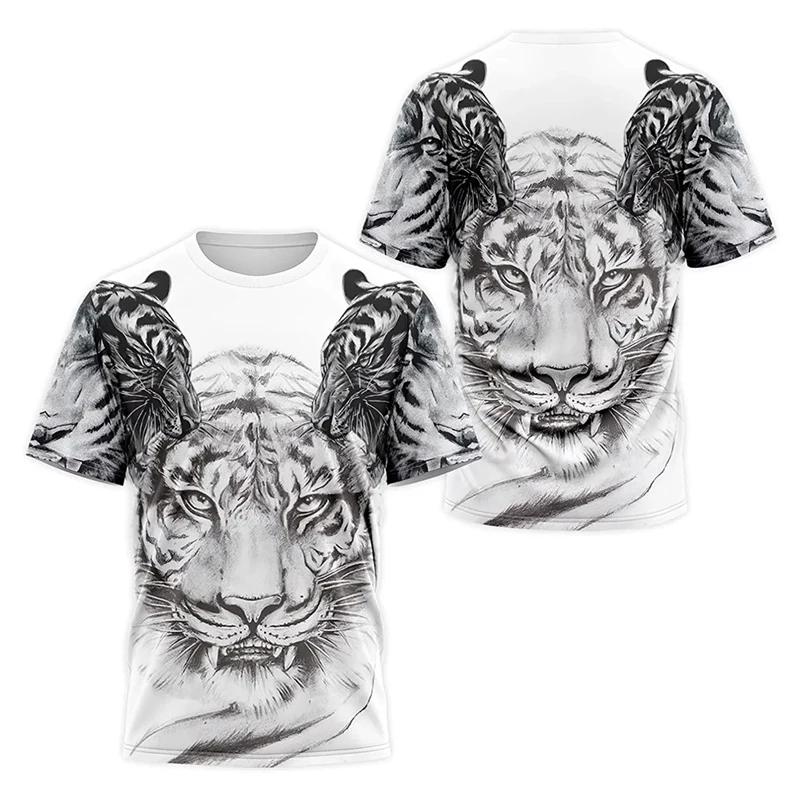 Black And White Animal T-shirt For Men's Clothing Funny Cat Tiger Print Short Sleeve T Shirts Leisure Fashion Cute Animal Tee - Image 5