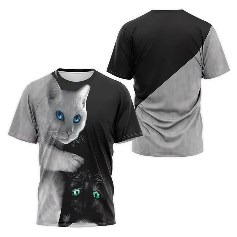 Black And White Animal T-shirt For Men's Clothing Funny Cat Tiger Print Short Sleeve T Shirts Leisure Fashion Cute Animal Tee - Image 2